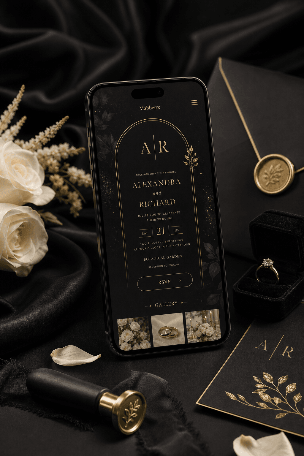 Luxury phone mockup displaying a Mabberre digital wedding invitation
